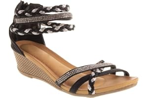 Primtex Sandales femme petit talon compensé bride cheville tressée & strass