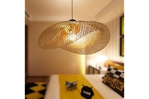 AUCF Lampa wisząca w stylu retro, z naturalnego bambusa, rattanu, pleciony żyrandol, oświetlenie z drewna, lampa z regulacją wysokości, lampa wisząca E27, do jadalni, salonu, sypialni, kuchni, dekoracja, bambusowa lampa wisząca