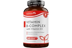 Vitamin B Complex High Potency - 1 Full Year Supply - 8 Vitamins B1-B2-B3-B5-B6-B12, Biotin, Folic Acid & VIT D3 in 1 High Strength Micro Tablet - Reduction of Tiredness - Made in The UK by Nutravita