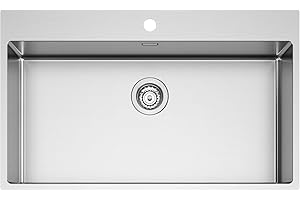 EVHOC Lavello Sopratop DEUS XXL, 1 Vasca per Cucina, Lavandino in Acciaio Inox Vasca Unica con Finitura Satinata, Fascia Forata per Miscelatore, Made in Italy, 85 x 51 cm