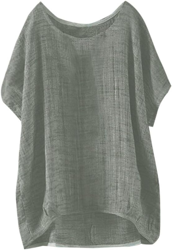 Sillor Pullover Women's Polyester Material Round Neck Bat Short Sleeve Casual Loose Top Solid Color Loose Soft Thin Section Blouse T-Shirt Pullover