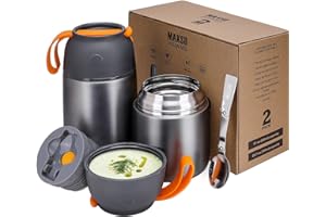 LOGEEYAR Thermos per Alimenti 2 Pezzi 500ml & 700ml, Contenitore Termico per Alimenti di Acciaio Inossidabile con Cucchiaio Pieghevole, Isotermico Sottovuoto per Cibi Caldi e Freddi(Grigio)