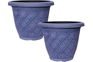 Fyne-Finds Set of 2 Round 33cm Garden Plant Pot Woven Flower Outdoor Deco Planter Frost Proof, Weatherproof, Drainage Hole (Blue)