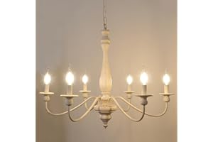 ‎LYNPON LynPon Holz Bauernhaus Kronleuchter Distressed Weiß, französische Landhaus Industrie lampe 6-flammig Vintage Rustikale Retro Pendelleuchte für Esszimmer, Wohnzimmer, Schlafzimmer