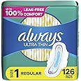 Always Ultra Thin Daytime Pads with Wings, Size 1, Regular, Unscented, 42 Counts x 3 Packs (126 Count Total)