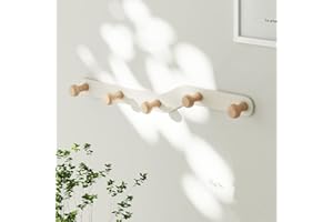 YunNasi Garderobenleiste Kindergarderobe Ohne Bohren Garderobenhaken Wand Kleiderhaken Hakenleiste Cremefarbende für Flur Kinderzimmer Wohnzimmer Schlafzimmer Badezimmer (5 Haken aus Holz-35 * 3cm)