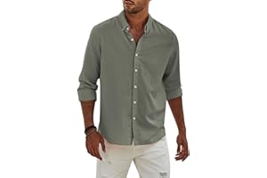 APOONABA Camisa Lino Hombre Manga Larga Color Sólido Shirts Casual Algodón Camisetas Elegante Coton Camisas con Botónes Regular Fit