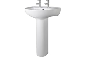 Balterley 550mm Bathroom Sink, Full Pedestal Ceramic Round Bowl Bathroom Wash Basin Sink with Overflow, 2 Tap Hole, Floor Standing Basin Sinks for Cloakroom - 550 x 475 x 840mm (White)