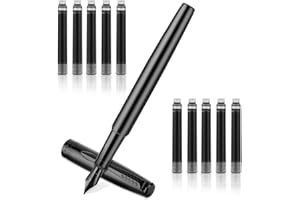 cobee Black Metal Fountain Pen, Fine Nib Fountain Pen with 10 2.6mm Black Ink Cartridges Luxury Fountain Pens 0.5mm Smooth Writing Pen Gift for Calligraphy Office Business Supplies