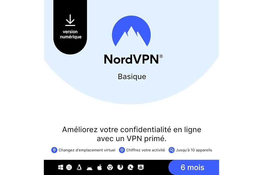 NordVPN Basique, 10 Appareils, 6 Mois, Logiciel VPN Premium, Code Numérique