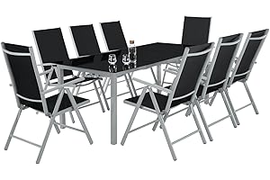 TecTake® Conjunto Muebles Jardín Exterior 9 Piezas, Estructura de Aluminio, Mesa y Sillas Terraza Impermeables, Resistentes a Intemperie, Sillas Plegables y Reclinables, Tela Transpirable - Plata