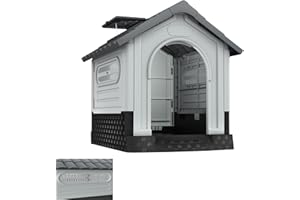 ORHEYA Kunststoff Hundehütte, Hundehöhle mit Tür, Oberlichtern, Lüftungsgitter und erhöhtem Boden, Haustierhaus Unterschlupf, Isoliertes Hundehaus für Draußen und Drinnen, 79,5 x 70,5 x 78 cm