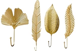BYNYXI 4 ganci da parete vintage, ganci in metallo senza foratura, ganci per asciugamani, ganci decorativi a forma di foglia dorati ganci rustici per chiavi, ganci per asciugamani, ganci decorativi