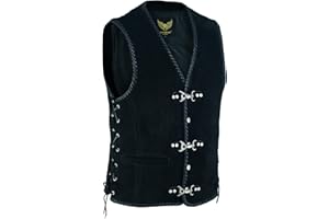 Leatherick Gilet da uomo in vera pelle scamosciata rosso e bianco Gilet intrecciato nero classico con ami da pesca e lacci laterali