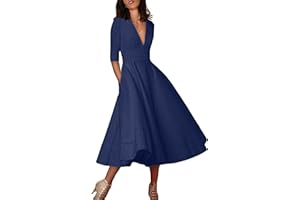 YMING Women 's Retro Deep V Neck Dress Elegant Swing Dress 3/4 Sleeve Light Dress Retro High Cintura Party Midi Pocket Dress