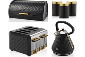 SWAN PRODUCTS LTD Swan Products Gatsby Black 1.7L Kettle, 4 Slice Toaster, Bread Bin & Set of 3 Tea, Coffee & Sugar Canisters. Vintage 1920s Design Kitchen Set of 6 in Black with Diamond Pattern & Gold Accents