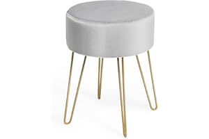 CASART Velvet Round Footstool, Metal Legs Vanity Pouffe Stool, Dressing Table Stools Ottoman for Bedroom Living Room (Grey)