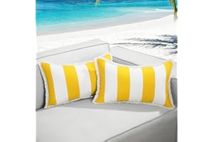 Lewondr Housse de Coussin d'Extérieur 12×20 Pouces, 2 PCS Taies d'oreiller Imperméables avec Franges, Housse de Coussin Décorative Rayée pour Patio, Porche, Jardin, Balcon, Canapé, Jaune