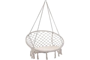 DETEX® Hanging Chair with 150kg Load Capacity | Outdoor & Indoor | Macrame Knotting Cotton Rope Swinging Chair | Perfect for Garden Patio Camping Travel Furniture Seat | Cream
