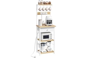 MAHANCRIS Estantería para Panadero con Cajón y Toma de Corriente, Soporte para Microondas, Bar de Café, 4 Ganchos en S, para Cocina, Salón, Comedor, Natural ABRBN48UE01