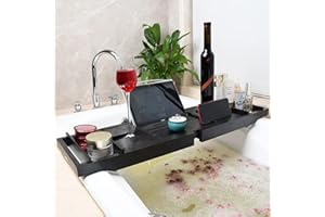 XDAILUYYDS Bamboo Bath Shelf with Towel Rack, Bath Table, Extendible Bathtub Tray, Bathtub Stand, Book Holder Bathroom (Black)