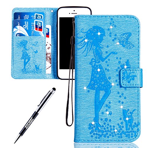 iPhone SE Case, iPhone 5S Case, iPhone 5 Cover, JAWSEU Creative Diamond Girl and Cat Luxury Premium PU Leather Flip Cover for iPhone 5S/5/SE Protector Skin with Soft Silicone Case Credit ID Card Slots Magnetic Closure Kickstand Strap Phone Pouch Smartphone Shell Shock-Absorption Protective Wallet Case for iPhone SE / iPhone 5 / iPhone 5S + Stylus Pen - Diamond Girl & Cat, Blue