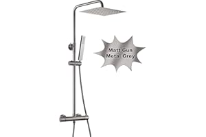 Görbach Colonne de Douche avec 38 ° C Mitigeur Thermostatique pour Baignoire Fixation Réglable Douchette Douche Salle de Bain Ensemble Douche avec Tête Douche Carré 25x25cm Gris gunmetal brossé