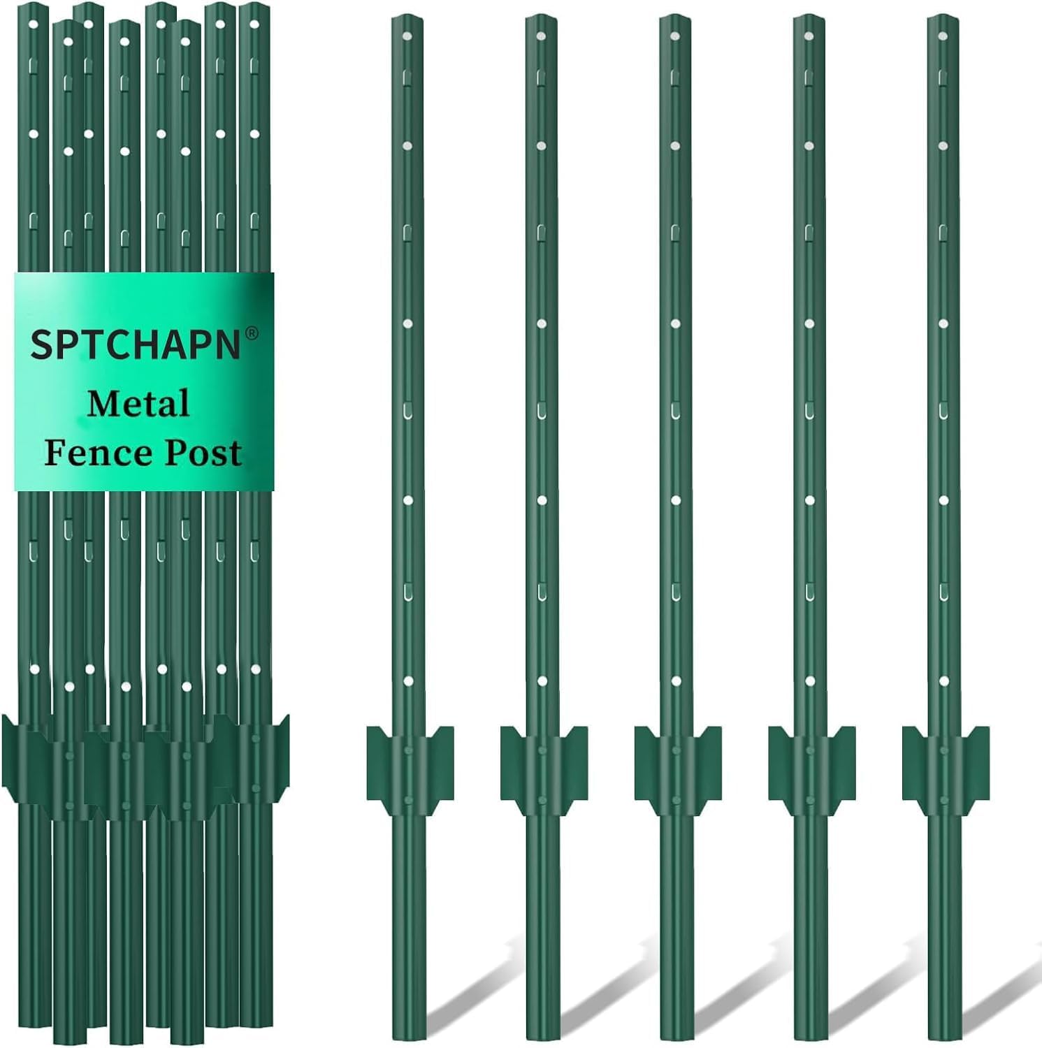 Sptchapn 91cm / 3ft Metal Fence Post, Pack of 10, Strong and Durable U-Fence Post No Digging Green T-Posts forYard, Garden Patio, Outdoor Wires (10)
