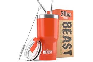 GREENS STEEL BEAST Mug Isotherme Cafe - 550ml I Orange I Acier Inoxydable I Réutilisable, Tasses Isothermes I 2 Pailles et Brosse Nettoyage I Thermos Cafés de Voyage Double Paroi I Café Chaud ou Glacé
