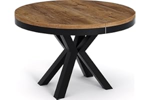 ‎WFL GROUP WFL GROUP Runder Ausziehbarer Esstisch im Loft-Stil - Industrieller Tisch mit Schwarzen Metallbeinen - Platzsparender Tisch für Wohnzimmer - Lefkas Eiche - 100 bis 180 cm