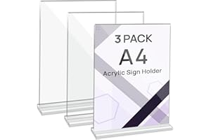 JEFURE A4 Acrylic Sign Holder, 3 Pack Clear Perspex Display Stands, T-shape Plastic Poster Stand, Double-sided Menu Holder for Home, Office, Store, Restaurant