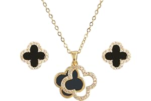 Hanaoops Four-Leaf Clover Jewellery Set for Women Girls Gold Silver Stainless Steel Black Four-Leaf Clover Pendant Necklace Stud Earrings Jewellery Set