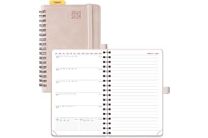 POPRUN Academic 2024-2025 Pocket Diary A6 Week to View Spiral Bound PU Leather Soft Cover 16 x 10.5 cm - 24/25 Mid Year Small Weekly Planner & Notebook in One (Soft Pink)