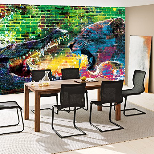 Vlies Fototapete 312x219cm PREMIUM PLUS Wand Foto Tapete Wand Bild Vliestapete – Graffiti Tapete Steinwand Steine Graffiti Tiere Krokodil Löwe Wasser bunt – no. 1918 - 7
