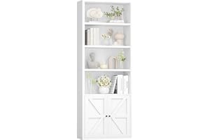 Nordivale Bücherregal mit Türen, Bücherregal Weiß aus Holz, Bücherschrank Hoch mit 6 Ebenen, Standregal, für Wohnzimmer, Schlafzimmer, Büro, Arbeitszimmer, 1 Stück