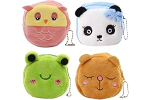 WHATUNEED Cartoon Plush Coin Purse,Cute Animals Coin Pouch Bag for Kids, Coin Tray Wallet Key Holder Clutch Bags, Headphones, Data Cable Storage Package, Gift for Boy and Girls (4 Pack Animals)
