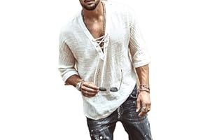 GTHTTT Tee T-Shirt Homme Col en V Rétro À Lacets Couleur Unie Coton De Lin Mid-Manches Casual Lâche Chemise Yoga Hauts Džcontractžs