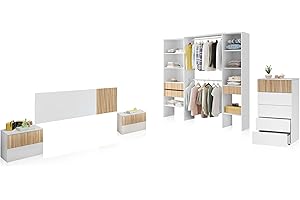 duehome | Pack de Dormitorio con Cabecero + 2 mesitas de Noche + Comoda y Armario vestidor, Conjunto de Dormitorio, Modelo Nitza 5C Plus, Acabado en Blanco Artik y Roble Natur