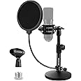 BILIONE Upgraded Desktop Microphone Stand, Adjustable Mic Stand Desk with Pop Filter, Shock Mount, Microphone Clip, 5/8" to 3