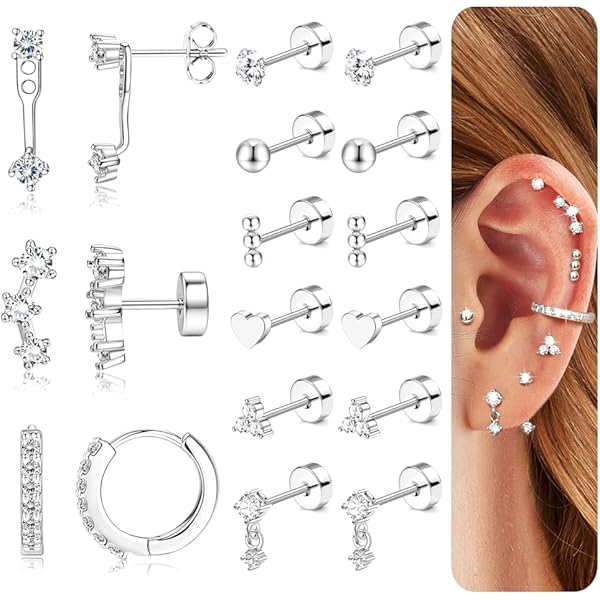 JeweBella 8 paar oorbellen zilver voor dames meisjes 14K vergulde oorbellen set zirkonia medische oorstekers chirurgisch staal helix oorringen creolen gouden piercing oorringen voor meerdere piercings