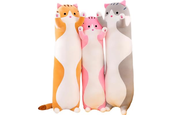 Kekeso Oreiller long en peluche en forme de chat doux et câlin - Grand oreiller sur le thème du chat - Pour anniversaire, Noël et fête des enfants (jaune, 150 cm)