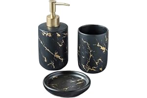 FülleMore Ceramic Bathroom Accessories Set Luxury Marble Look 3-Piece Bathroom Accessory Set Soap Dispenser Soap Dish Toothbrush Cup (Black)