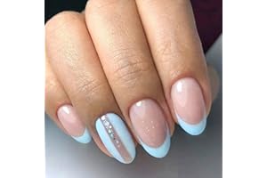 SUNDRERFECT 24 sztuki francuskich krótkich naklejek na paznokcie migdałowe na błyszczącym akrylu, eleganckie paznokcie do nadruku dla kobiet i dziewcząt, manicure "zrób to sam" (niebieskie)