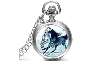 JewelryWe Montre de Poche Quartz Double Chevaux Pendentif Collier Alliage Fantaisie pour Homme et Femme Couleur Argent avec Sac Cadeau