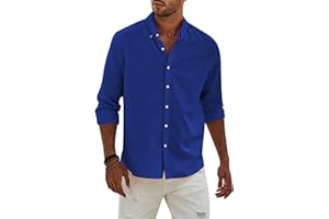 APOONABA Camisa Lino Hombre Manga Larga Color Sólido Shirts Casual Algodón Camisetas Elegante Coton Camisas con Botónes Regular Fit