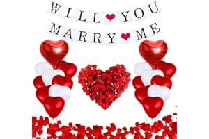 SOSAYI Heiratsantrag Deko Set, Will You Marry Me Banner, Herz Folienballon, Herz Latex Ballons Helium, Rote Künstliche Rosenblätter, Romantische Deko Für Valentinstag, Heiratsantrag, Verlobung, Hochzeit