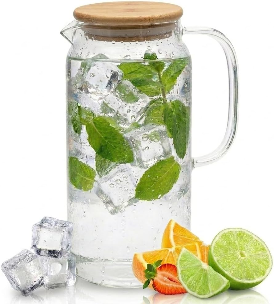 Jarra de Agua Cristal 1,2L con Tapa Bambú Natural. Jarra de Agua en Vidrio Borosilicato Resistente al Calor, Botella Cristal Reutilizable, Vida Saludable. (1,2 Litros, Tapa de Bambu)