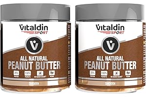 VITALDIN SPORT All Natural Peanut Butter Smooth – Lot de 2 Pots x 500 g – Beurre de Cacahuète Crémeux – 100% Beurre de Cacahuète Naturel Sans Sucres Ajoutés – 26% de Protéines – Vegan