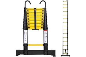 Cecaylie Scala telescopica in alluminio, 4,4 m, allungabile con stabilizzatore e gancio rimovibile, scala in alluminio antiscivolo, portata 150 kg, colore nero e giallo