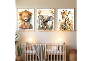 BeiYiHo 3 Affiches Animaux Jungle Tableau Savane Bebe Garcon Decoration Chambre Enfant Lion Girafe Poster Chambre Enfant Foret 30x40 Toile Boho Affiche Animaux Chambre Bébé Garcon sans Cadre